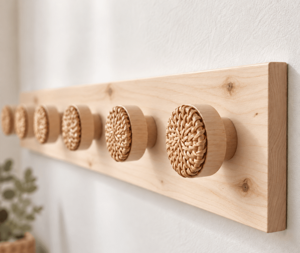 crochet mural boho en pin blanc naturel et bouton en rotin