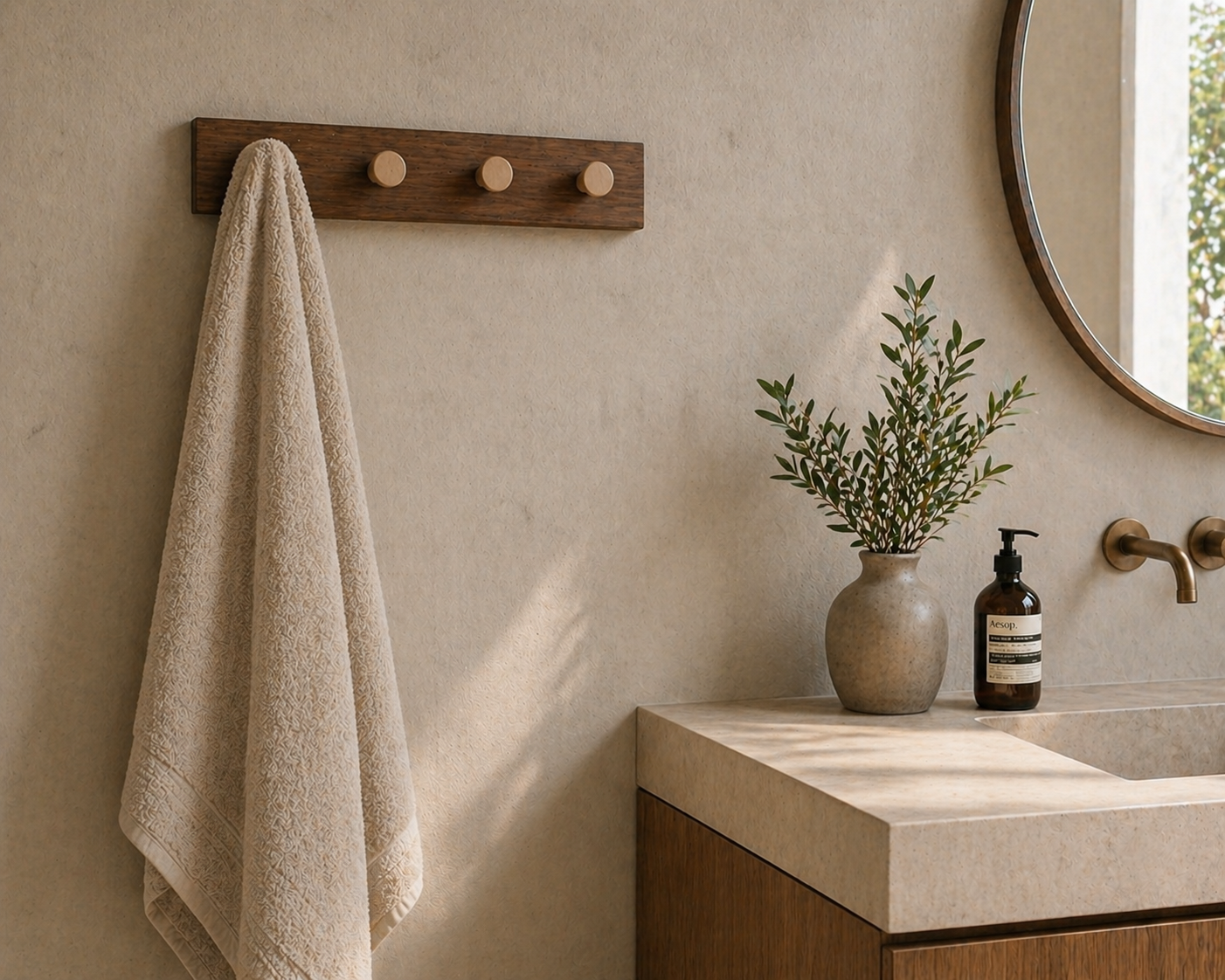 crochet mural en bois dans une salle de bain