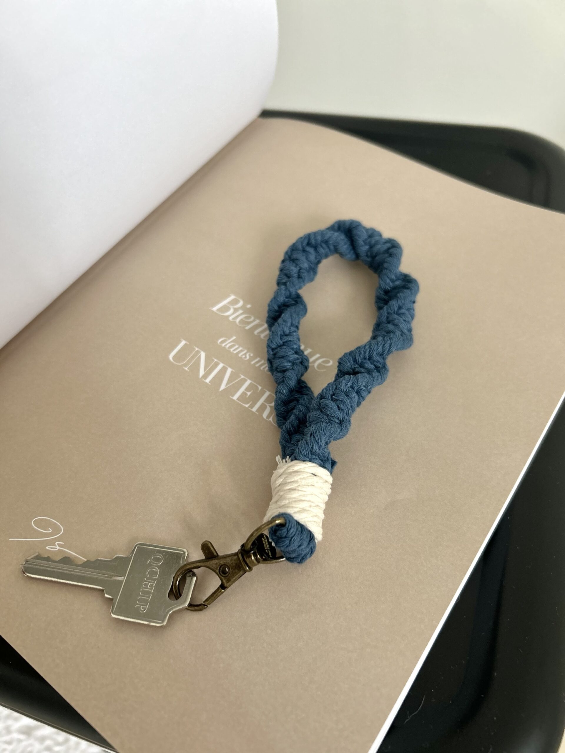 blue macrame keychain