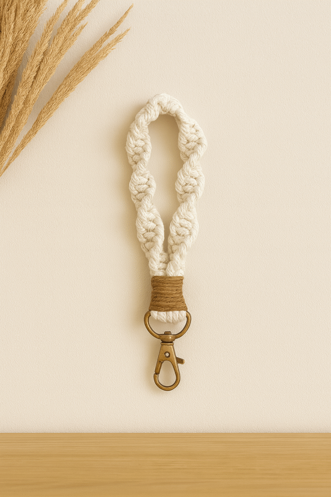 porte cle en macrame blanc et caramel