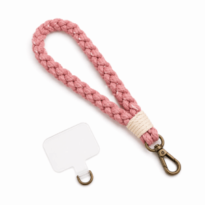 lanière rose et blanc en macramé pour téléphone