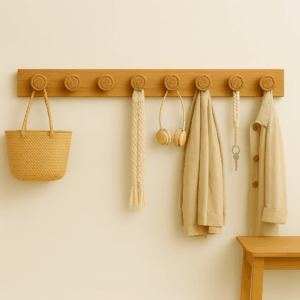 patere murale en bois avec supports en rotin