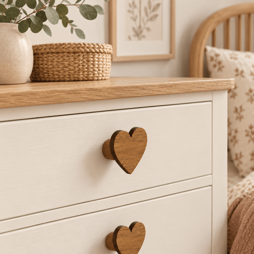 commode de chambre avec poignée en bois en forme de coeur