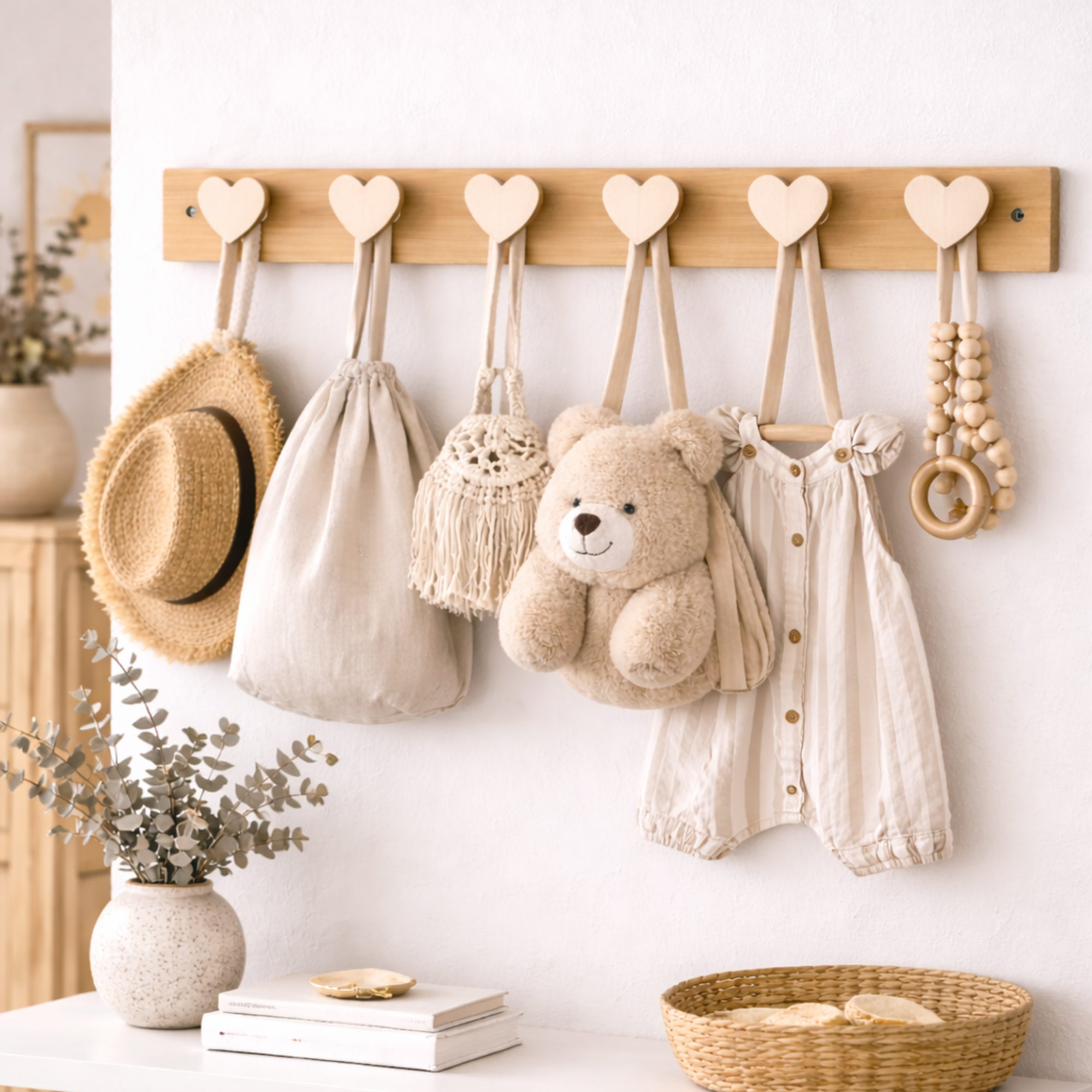 patère murale en bois avec supports en forme de coeur