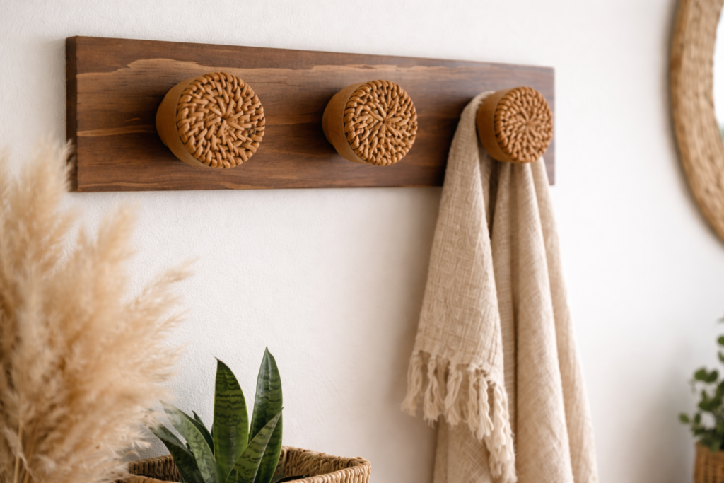 Porte-manteau boho avec supports en rotin - Châtaigne