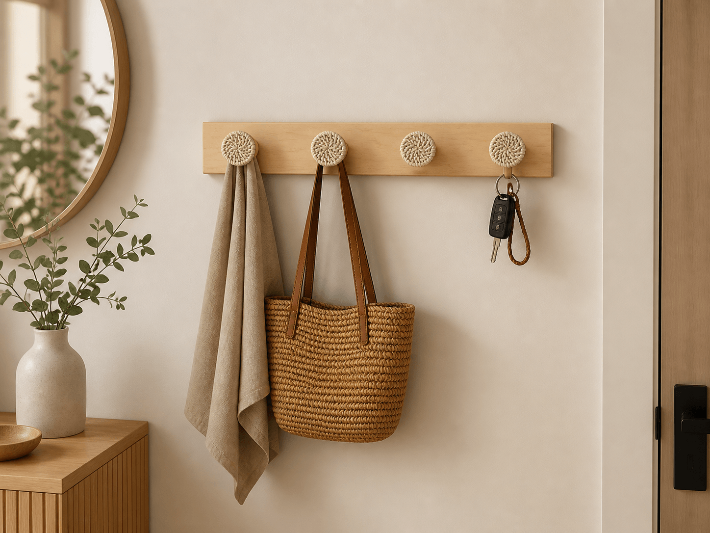 crochet mural en pin blanc et rotin