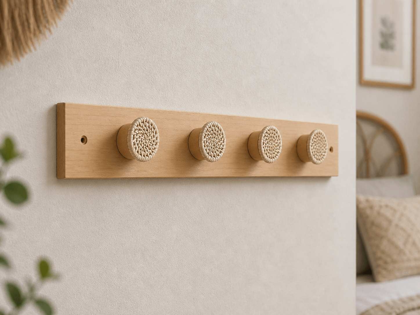 porte manteau mural en bois et supports en rotin