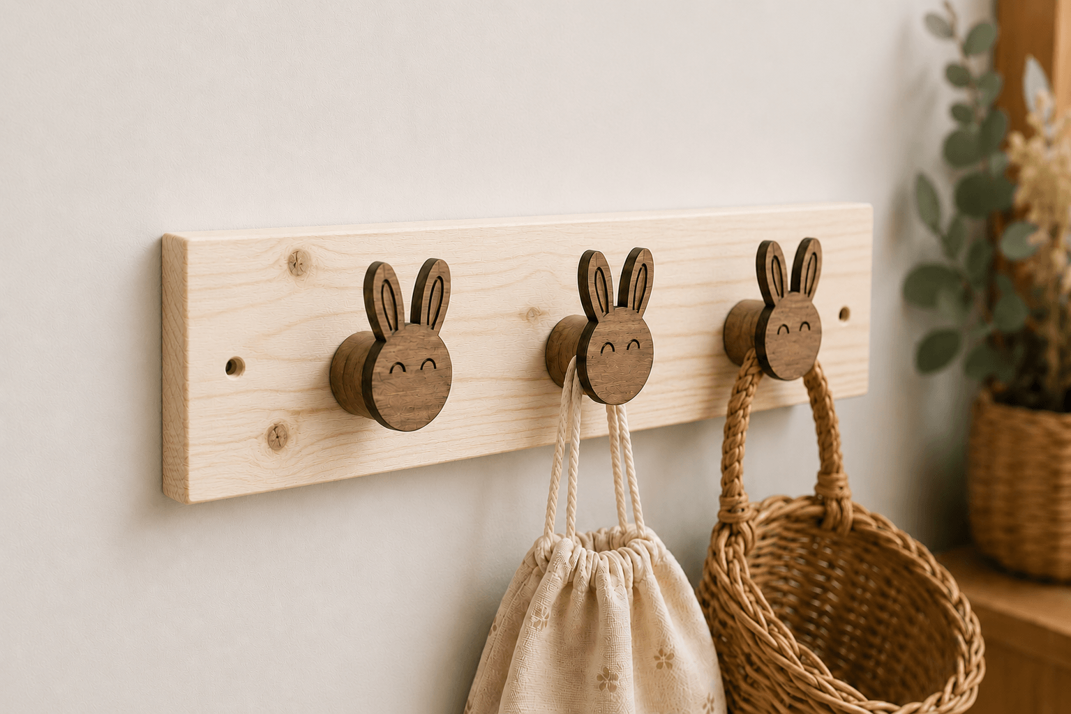 crochet mural en bois clair avec 3 supports lapin en bois