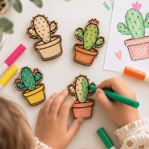 accessoires en bois a colorier en forme de cactus