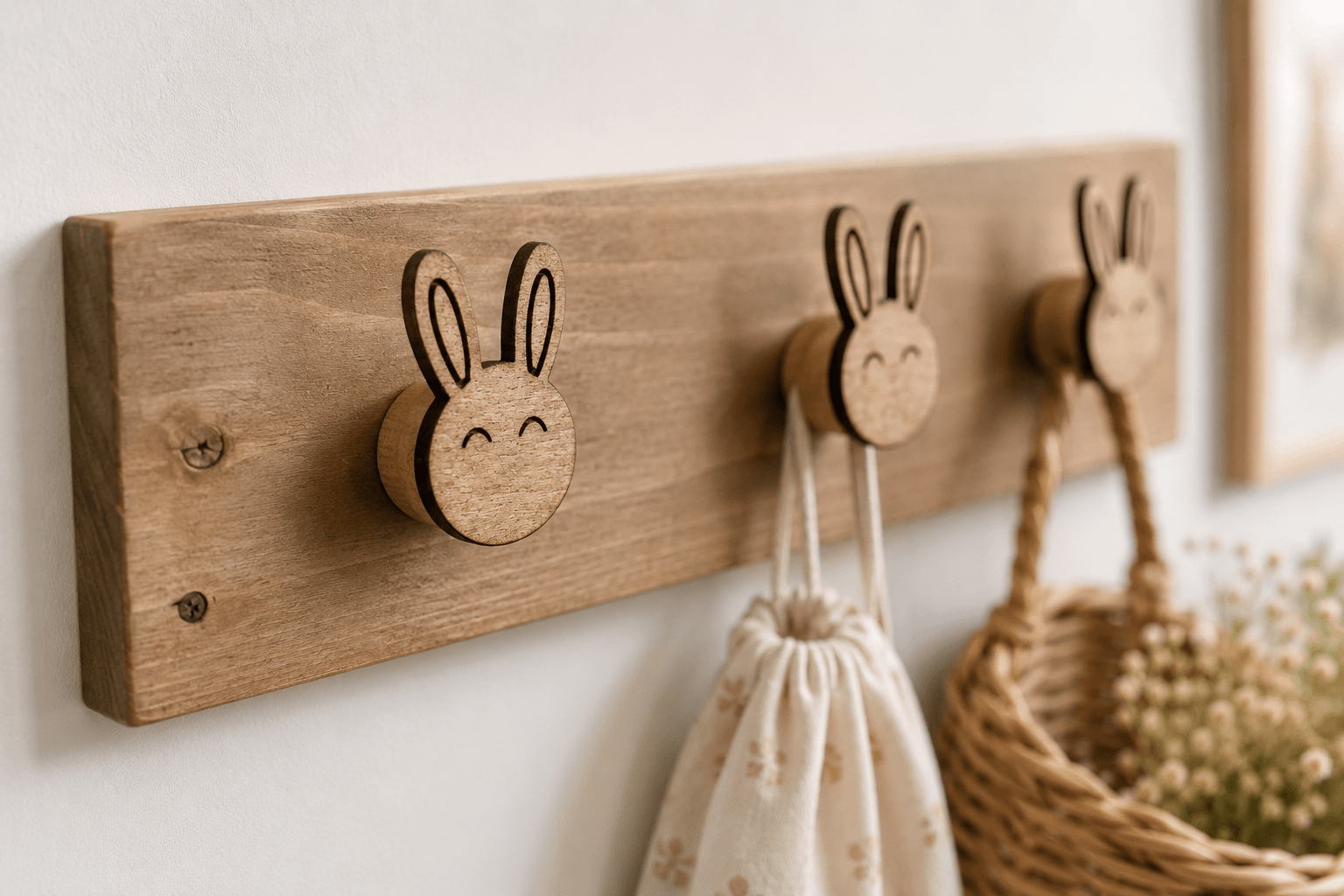 patère murale en bois brun avec crochets en forme de lapin