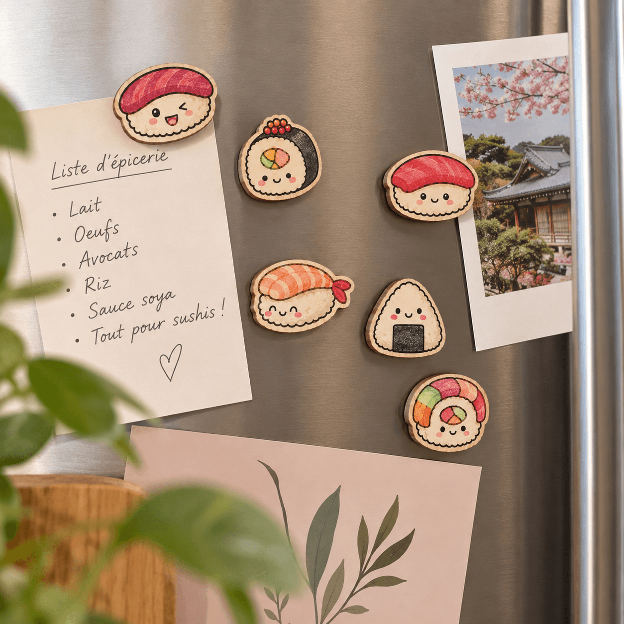 aimants sushis en bois sur un frigo