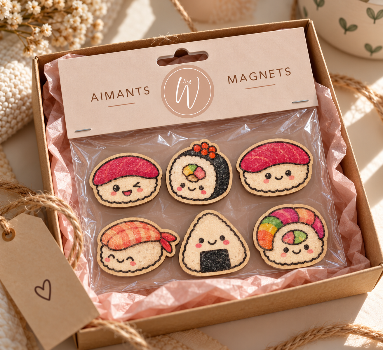 6 aimants en bois style kawaii - Sushis – Image 2