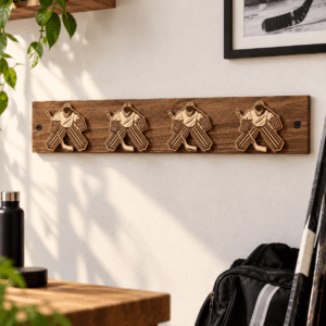 crochet mural décoratif brun en bois avec supports gardien de but